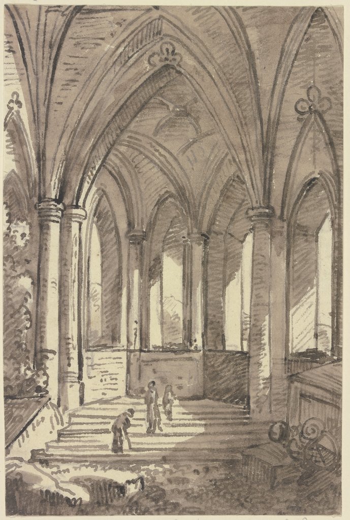 Blick in eine gotische Halle mit einer Treppe, auf der drei Figuren stehen (Kirchenruine?), Georg Melchior Kraus