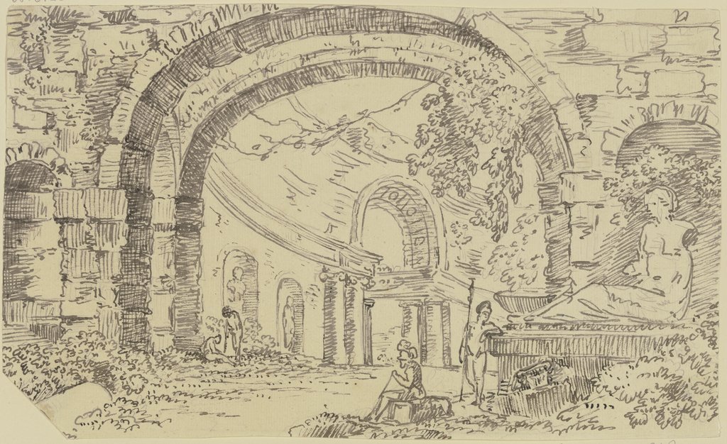 Römische Ruinen mit Bogen und Nischen, im Vordergrund zwei Krieger, rechts ein Monument mit einer sitzenden Figur, Georg Melchior Kraus