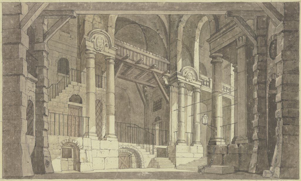 Blick in einen hohen Raum mit mächtigen Mauern und Säulen, an den Wänden Ketten für Gefangene, Georg Melchior Kraus