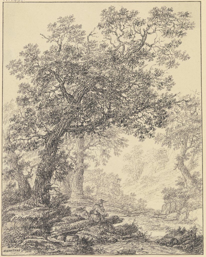 Zwei Wanderer, unter Eichenbäumen rastend, Bernard Gottfried Manskirsch