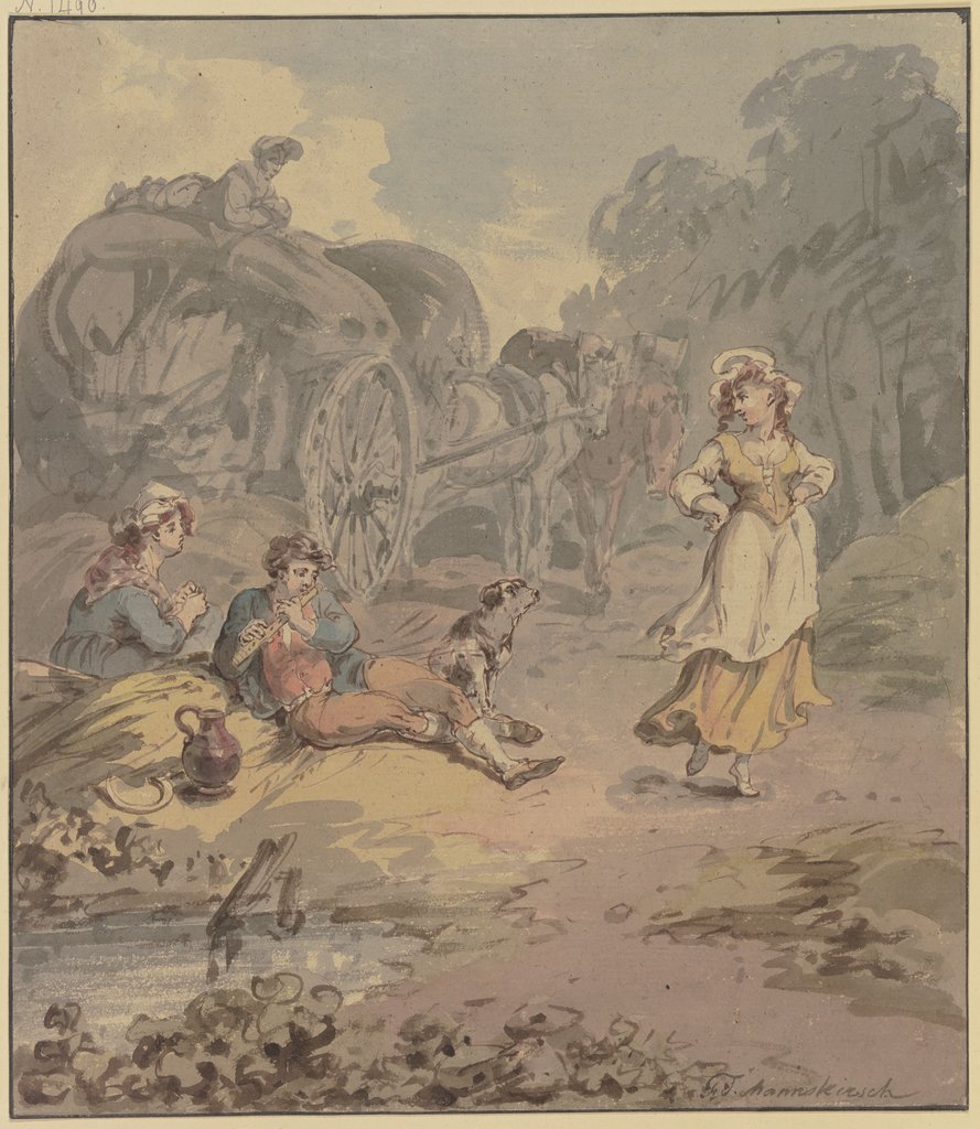 Schnitter und Schnitterin bei einem Erntewagen rastend, vor ihnen ein junges Mädchen, das zum Flötenspiel des Schnitters tanzt, Franz Joseph Manskirsch