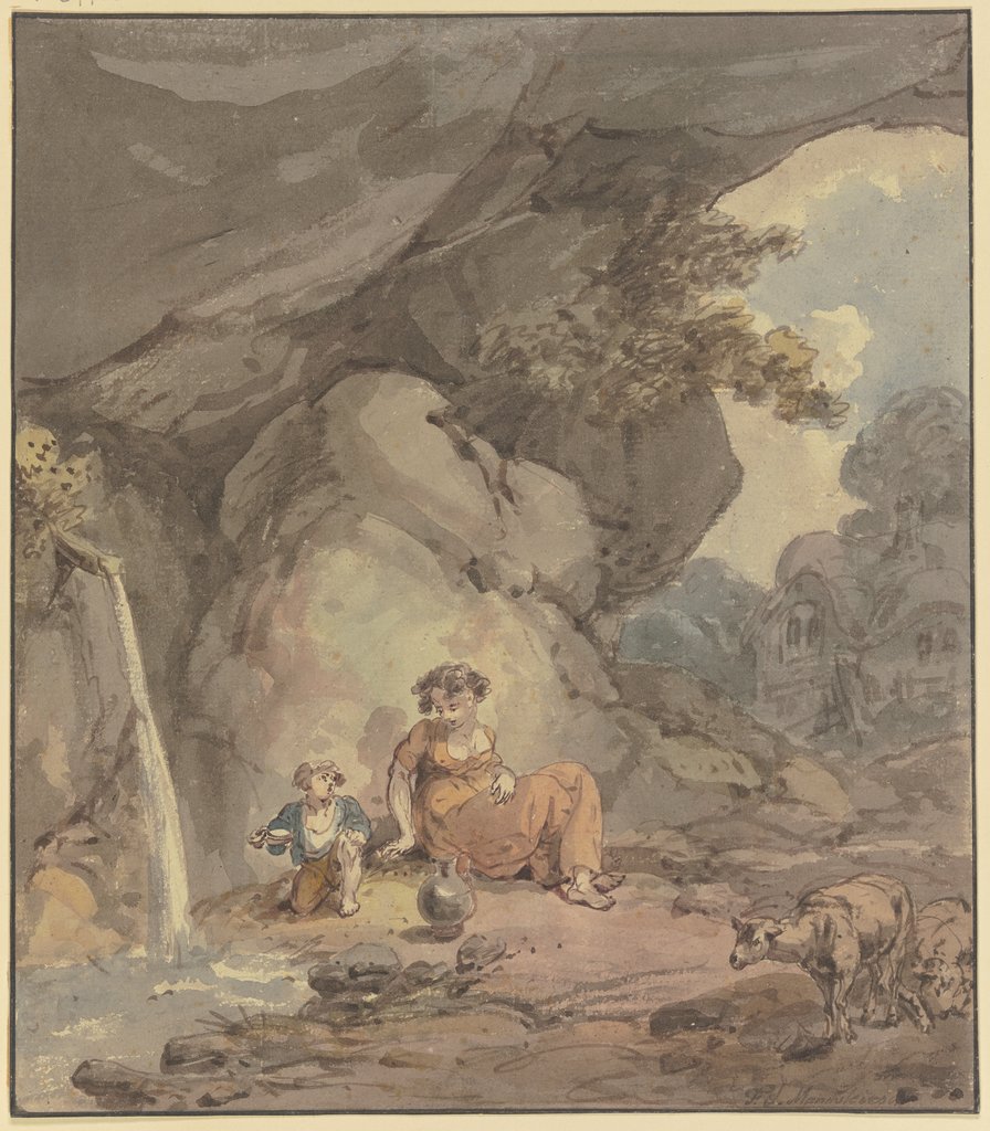 Junge Frau mit ihrem Kind an einer Felsenquelle rastend, rechts zwei Schafe, Franz Joseph Manskirsch