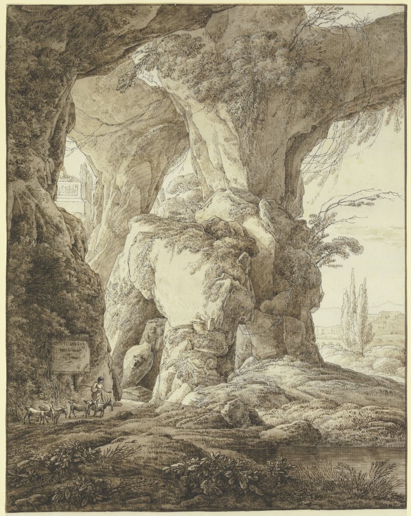 Hohe Felsenhöhle mit antiken Denkmälern und einem Ziegenhirten, Franz Innocenz Josef Kobell