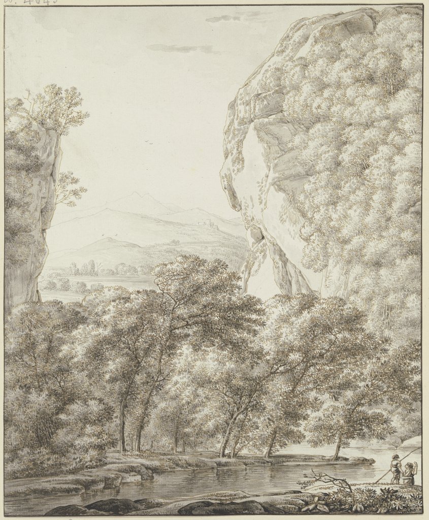 Gebirgslandschaft, rechts ein großer Felsen, Franz Innocenz Josef Kobell