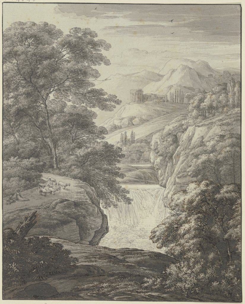 Gebirgslandschaft mit Wasserfall und antiken Ruinen, Franz Innocenz Josef Kobell