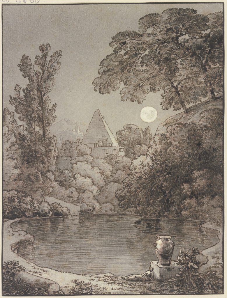 See bei Mondschein, im Hintergrund eine Pyramide, Franz Innocenz Josef Kobell