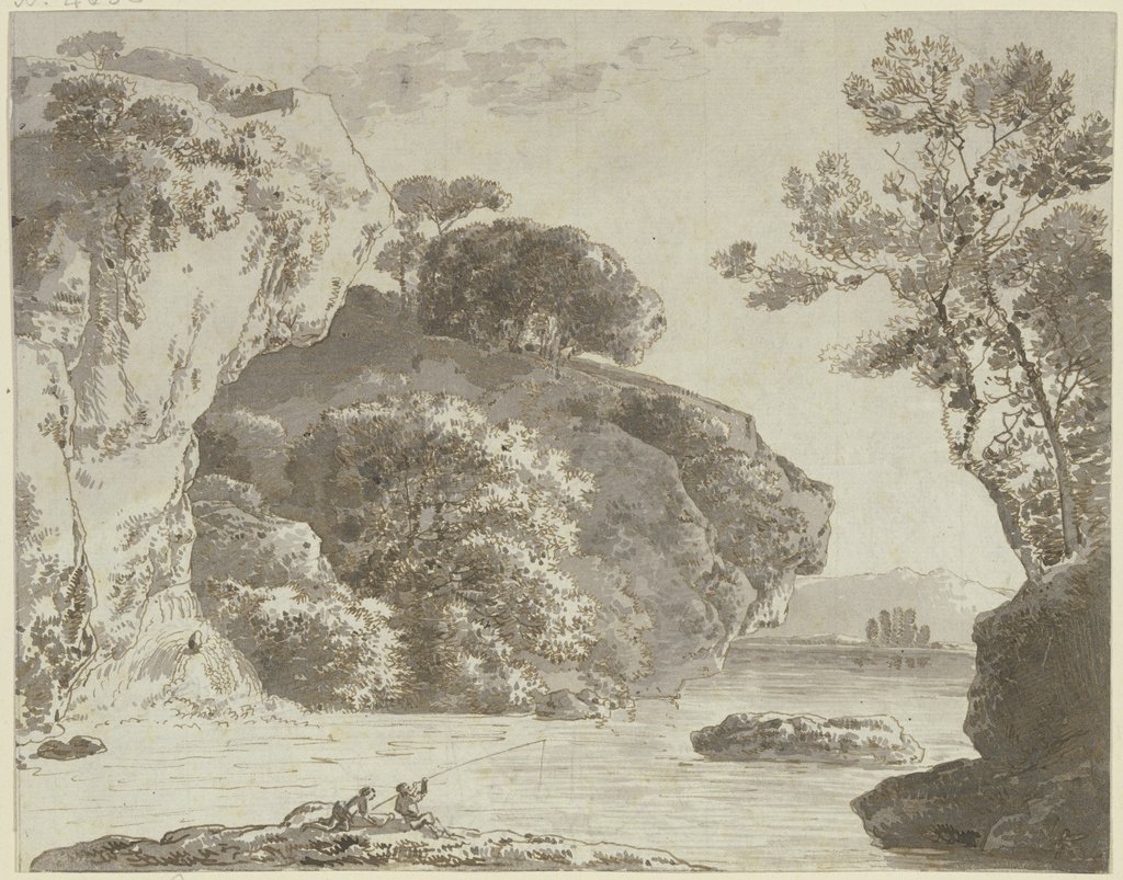 Gewässer bei hohen Felsen, im Vordergrund zwei Angler, Franz Innocenz Josef Kobell