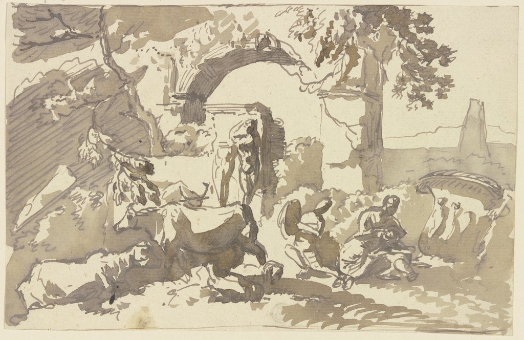 Hirten und Kühe bei römischen Ruinen mit figürlichem Schmuck, Franz Innocenz Josef Kobell