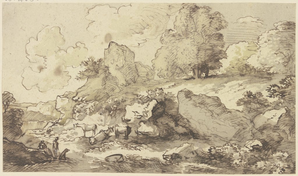 Hirten und Herde in felsiger, baumbestandener Landschaft, Franz Innocenz Josef Kobell