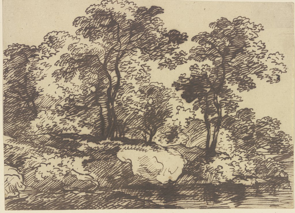 Hohe Bäume an einem felsigen Ufer, Franz Innocenz Josef Kobell