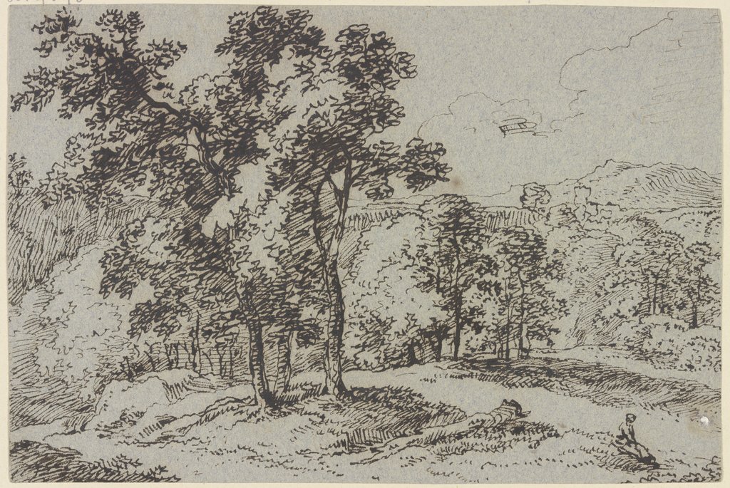 Baumreiche Landschaft, im Vordergrund eine sitzende Frau, Franz Innocenz Josef Kobell
