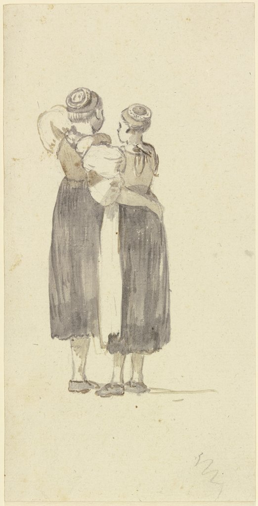 Zwei einander umschlingende Bauernmädchen in Rückenansicht, Georg Melchior Kraus