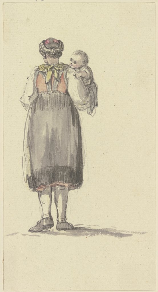 Stehende junge Bäuerin, mit einem Kind auf dem Arm, vom Rücken gesehen, Georg Melchior Kraus