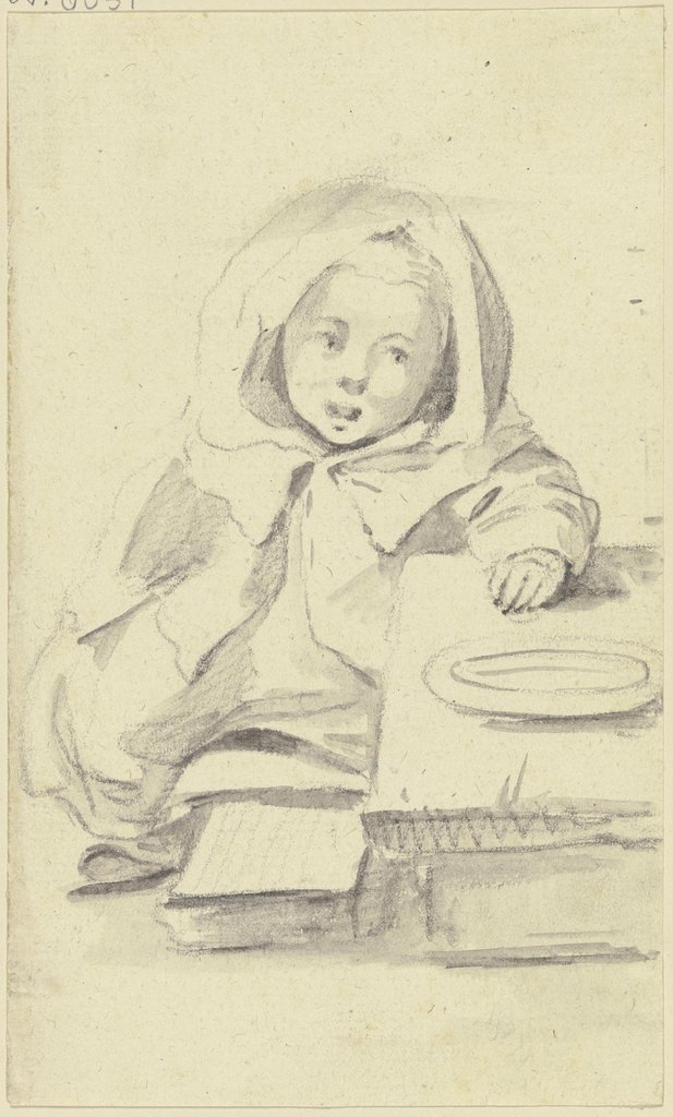 Sitzendes Kind mit großer Kapuze, vor ihm ein Teller, Georg Melchior Kraus
