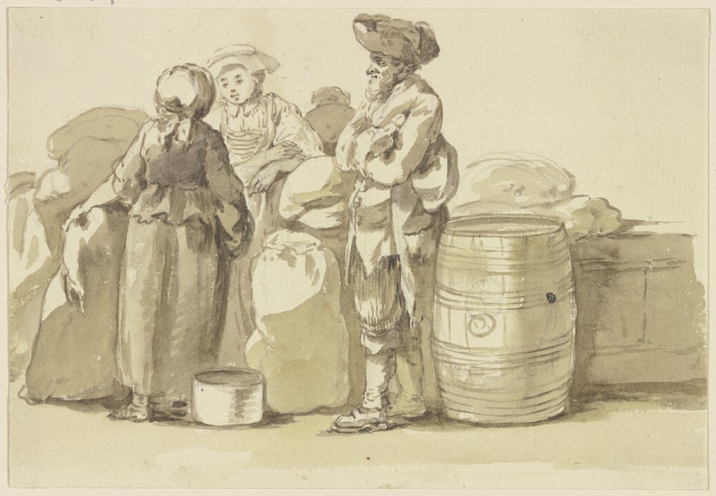 Ein alter Mann und zwei Frauen bei Fässern und Säcken stehend in einer Unterhaltung, Georg Melchior Kraus