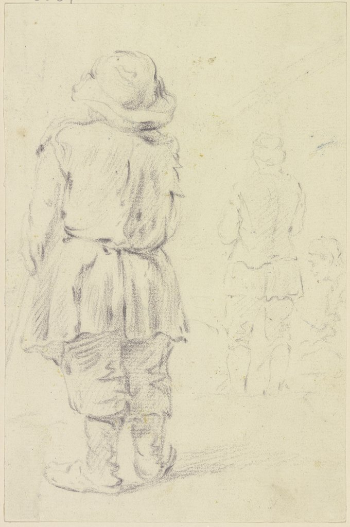 Stehender Knabe mit Schlapphut in Rückenansicht, im Hintergrund weitere Figuren, Georg Melchior Kraus
