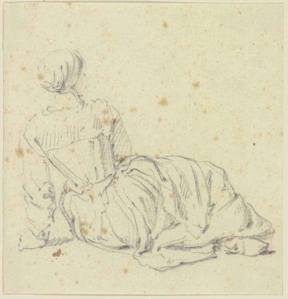 Auf dem Boden sitzende Frau, sich mit dem linken Arm aufstützend, vom Rücken gesehen, Georg Melchior Kraus