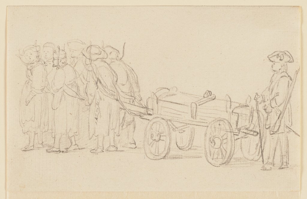 Eine Gruppe von sechs Personen ist vor einen vierrädrigen Wagen gespannt, hinter dem Wagen ein Soldat, Georg Melchior Kraus