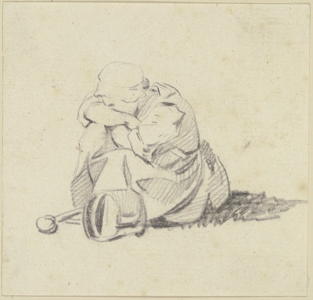 Auf dem Boden hockende schlafende Frau, neben ihr ein Topf und ein Kochlöffel, Georg Melchior Kraus