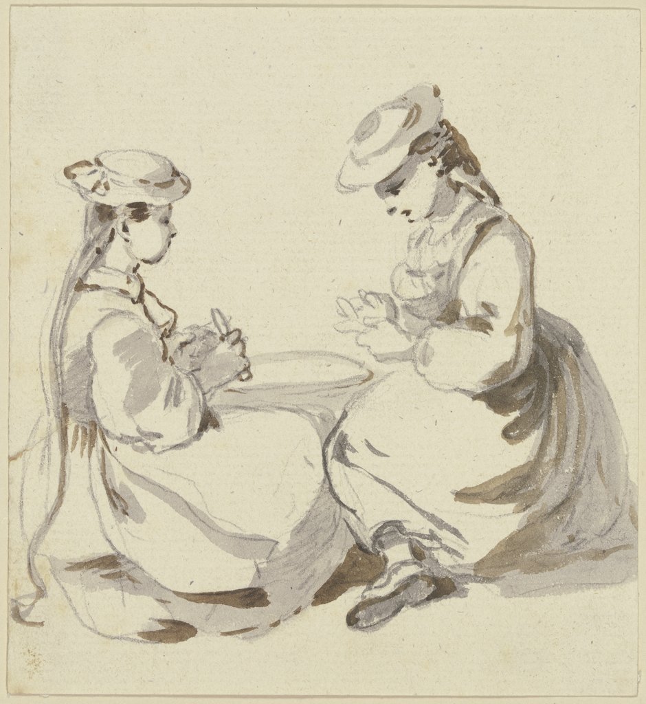 Zwei am Boden einander gegenüber sitzende Mädchen, das eine schält eine Frucht, Georg Melchior Kraus
