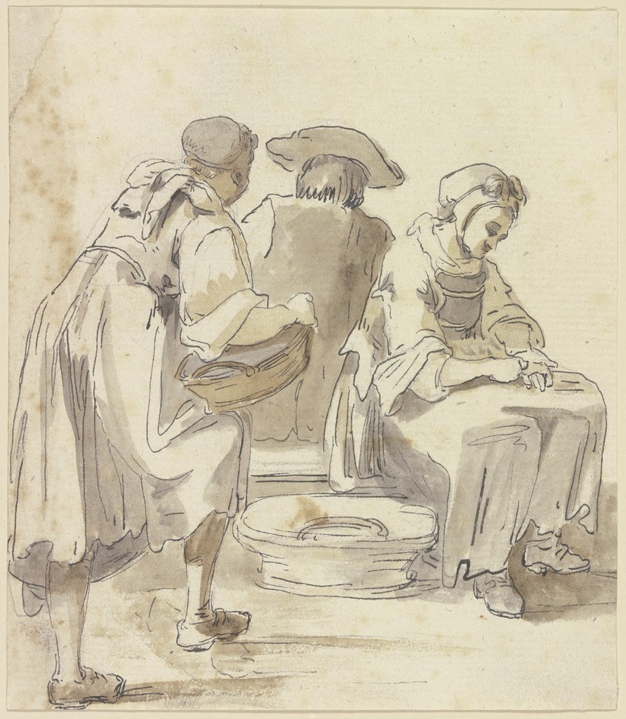 Zwei Wäscherinnen und ein vom Rücken gesehener sitzender Mann, Georg Melchior Kraus