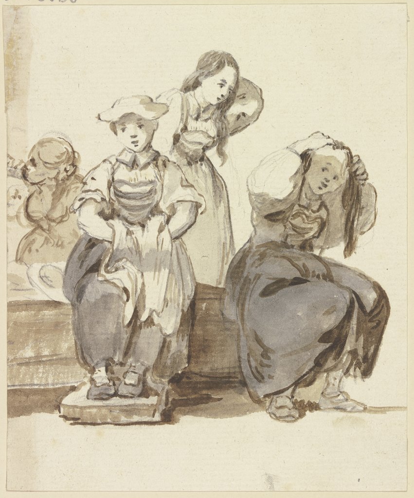 Vier junge Mädchen bei einem Brunnen, zwei von ihnen ordnen sich die Haare, Georg Melchior Kraus