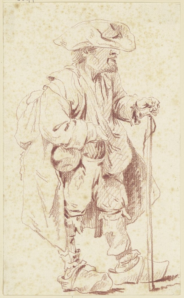 Alter Mann in zerlumpter Tracht und mit breitem Hut, im Profil nach rechts, Georg Melchior Kraus