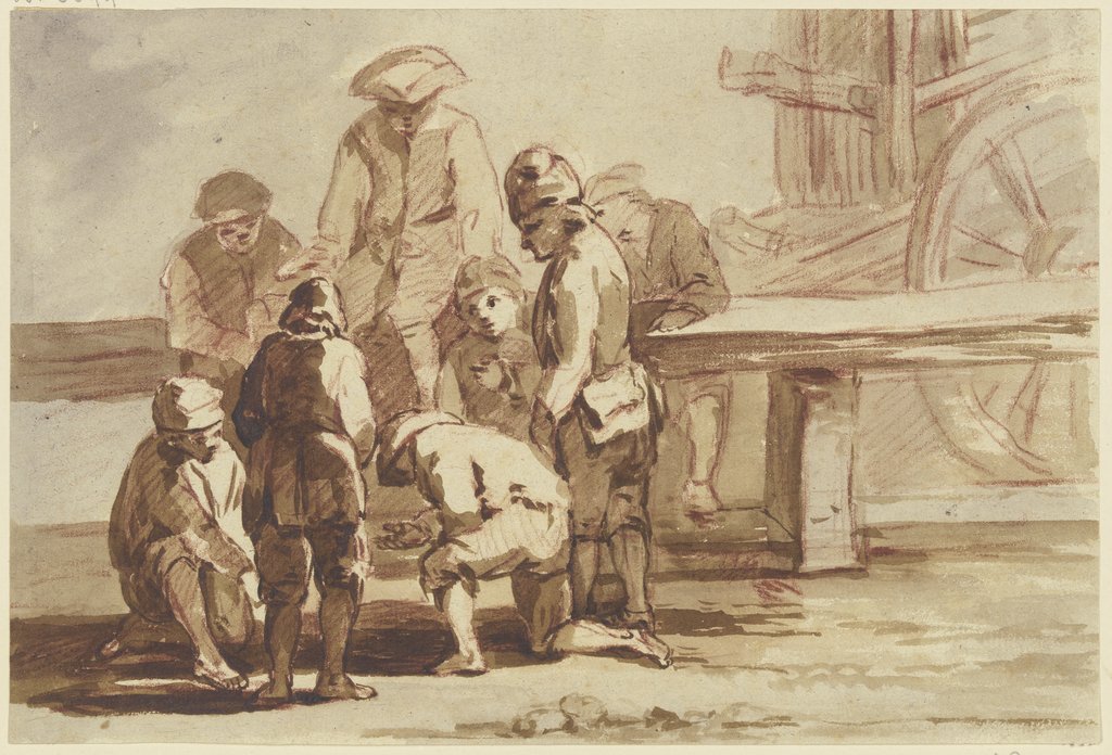 Gruppe von acht Knaben beim Spiel, stehend, kniend und auf einer Balustrade sitzend, Georg Melchior Kraus