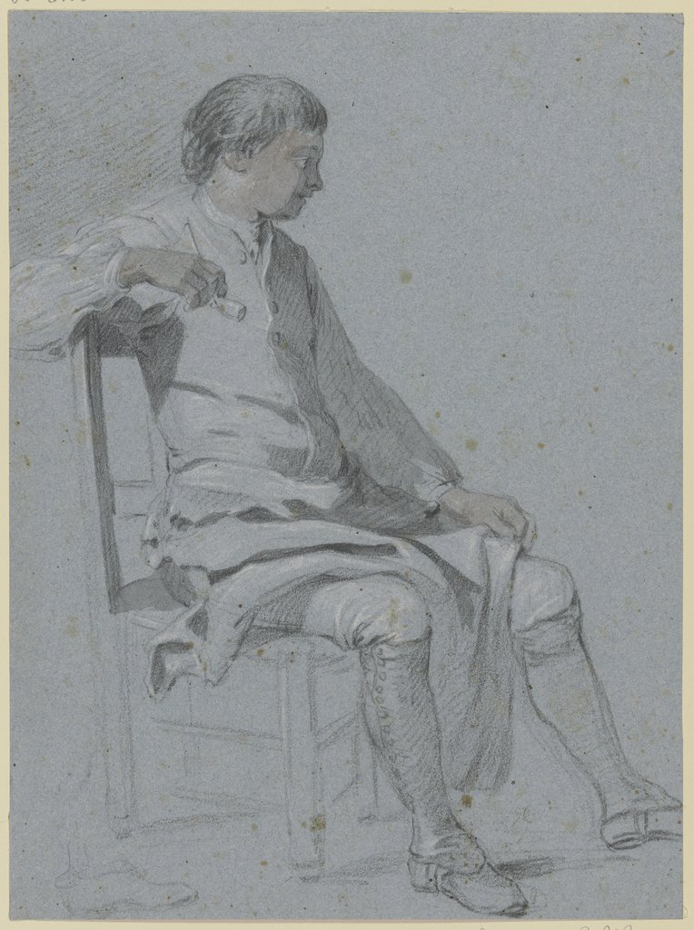 Auf einem Stuhl sitzender Mann mit einer Pfeife in der rechten Hand, im Profil nach rechts, Georg Melchior Kraus