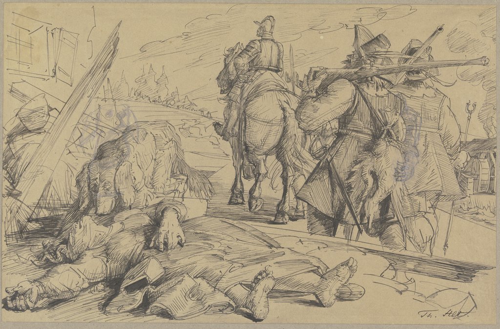 Szene aus dem Dreißigjährigen Krieg (?): Im Vordergrund ein Erschlagener, drei davonziehende, plündernde Soldaten in der Tracht des 17. Jahrhunderts, Theodor Alt