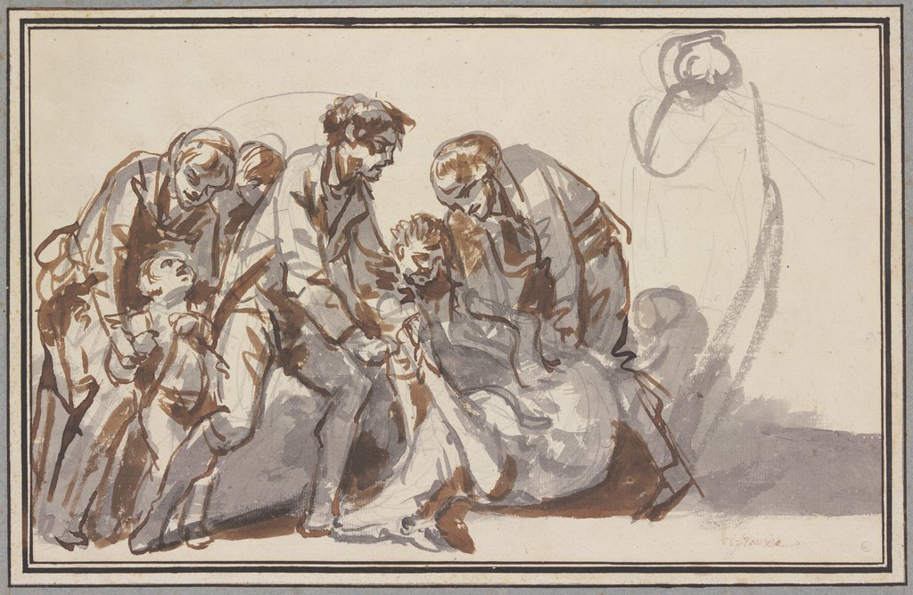 Figurengruppe mit zwei Männern, die einer am Boden liegenden toten Hirschkuh die Hufe zusammenzubinden versuchen, Jean-Baptiste Greuze