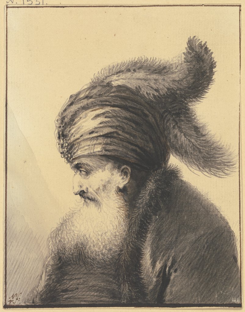 Bärtiger Alter mit Turban mit zwei langen Federn im Profil nach links, Johann Andreas Benjamin Nothnagel