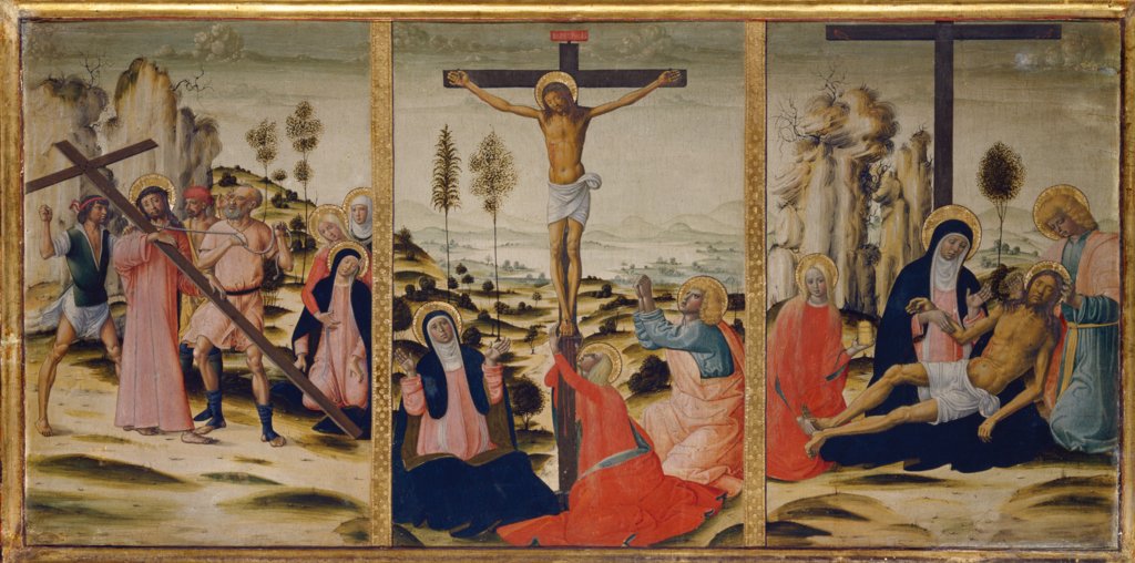 Kreuztragung, Kreuzigung und Beweinung, Girolamo di Benvenuto