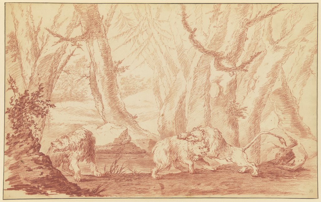 Zwei Bären, der eine von einem Löwen angegriffen, Johann Ludwig von Pfeiff