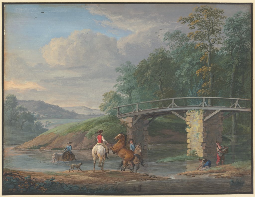 Pferde in der Schwemme bei einer Brücke, rechts zwei Wäscherinnen, Johann Georg Pforr