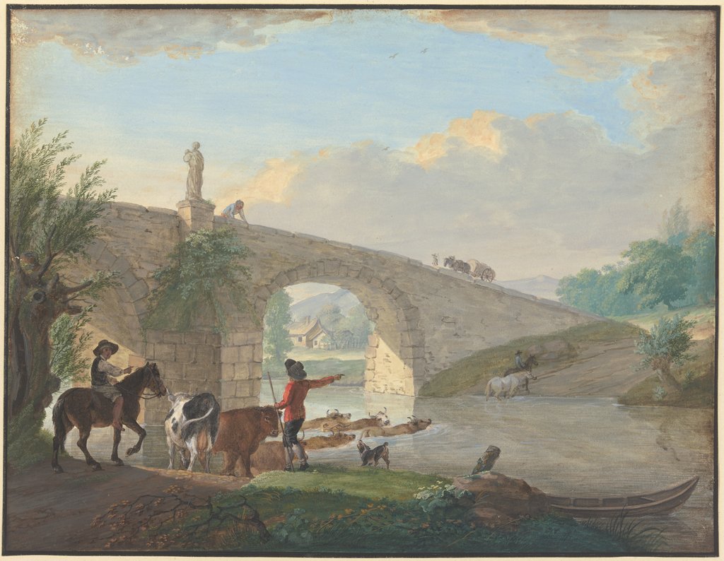 Viehherde mit zwei Hirten, bei einer Steinbrücke durch das Wasser schwimmend, Johann Georg Pforr
