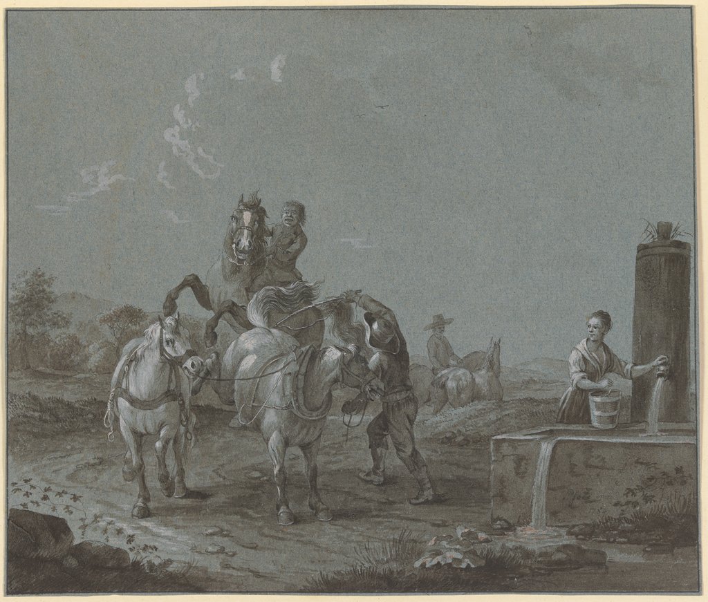 Knabe auf einem sich bäumenden Pferd, davor ein Knecht mit zwei Pferden, rechts eine junge Frau mit einem Eimer am Brunnen, Johann Georg Pforr