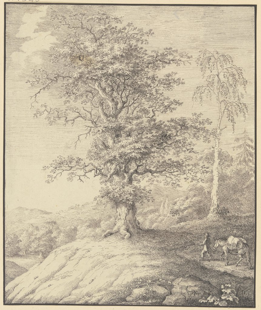 Eichbaum und Birke auf einer Anhöhe, von rechts führt ein Mann ein bepacktes Pferd herbei, Johann Georg Pforr