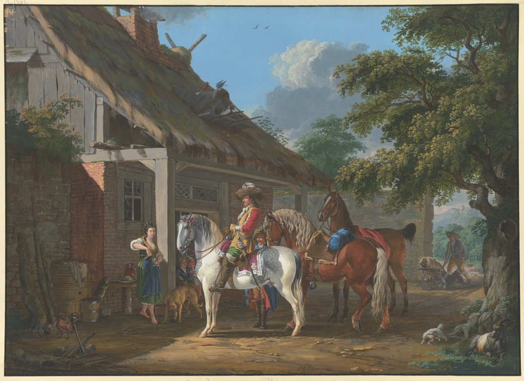 Ein reichgekleideter Kavalier hält mit drei Pferden und einem Diener vor einem Bauernhaus, eine barfüßige junge Frau schenkt ihm ein, Johann Georg Pforr