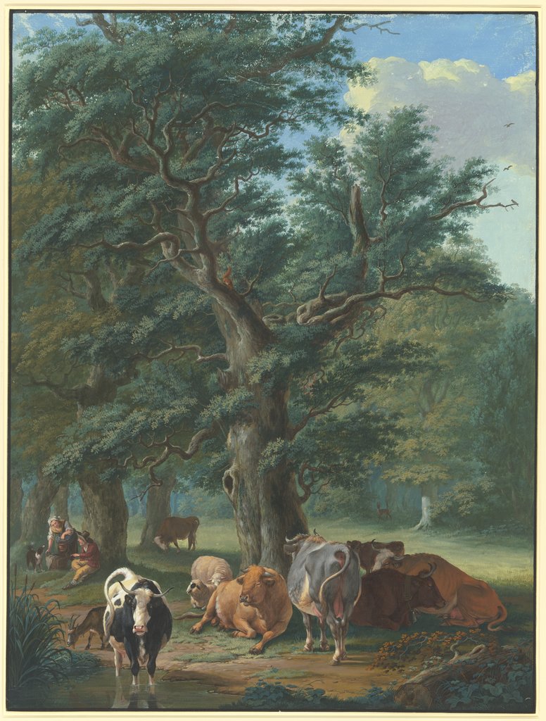 Unter einen großen Eiche ruht Vieh, in der Ferne ein Reh, links bringt eine Frau dem Hirten das Essen, Johann Georg Pforr