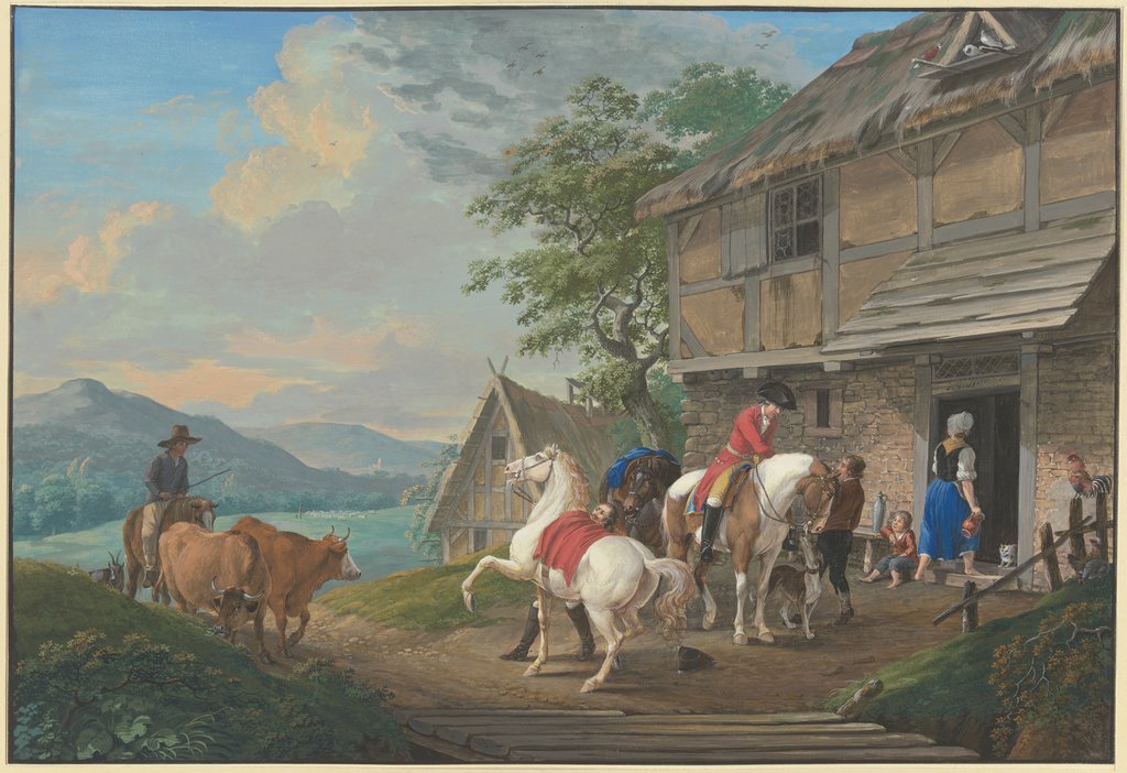 Zwei Reiter mit einem Packpferd halten vor einem Bauernhaus, Johann Georg Pforr
