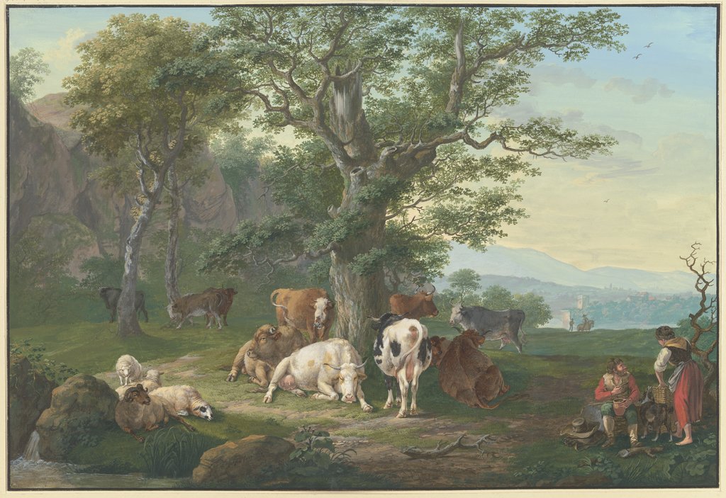 Lagernde Herde unter einer Eiche, rechts Hirte und Hirtin bei der Mahlzeit und Ausblick in die Ferne, Johann Georg Pforr