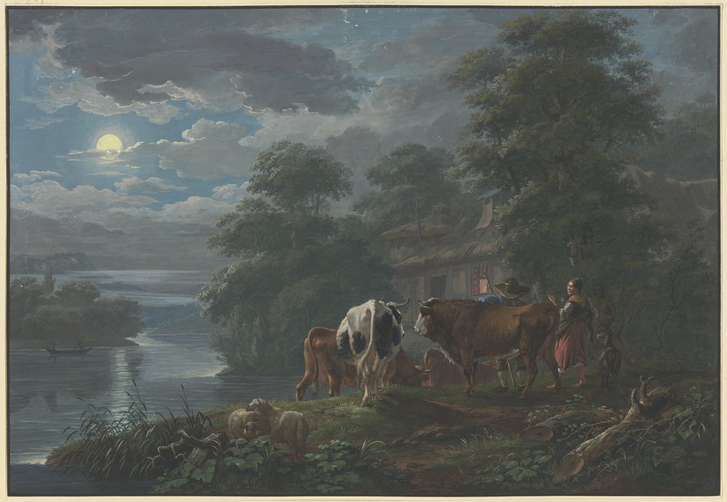 Mondscheinlandschaft an einem Fluß, Hirte und Hirtin treiben das Vieh zum Hof, Johann Georg Pforr