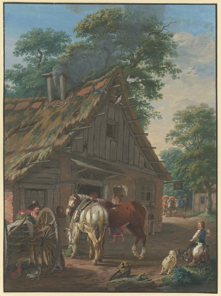 Zwei Bauernpferde vor einem Wirtshaus unter Bäumen, Johann Georg Pforr