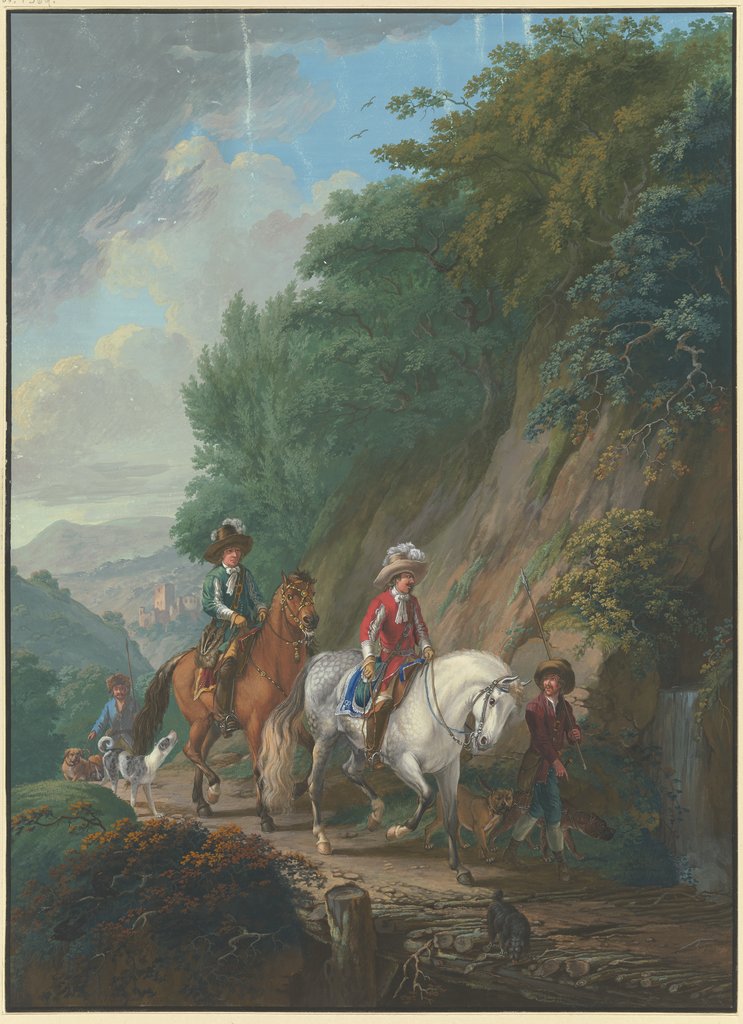 Ein rotgekleideter Kavalier auf einem Schimmel mit Gefolge reitet auf einem steilen Bergweg über eine Holzbrücke bei einem Wasserfall, Johann Georg Pforr