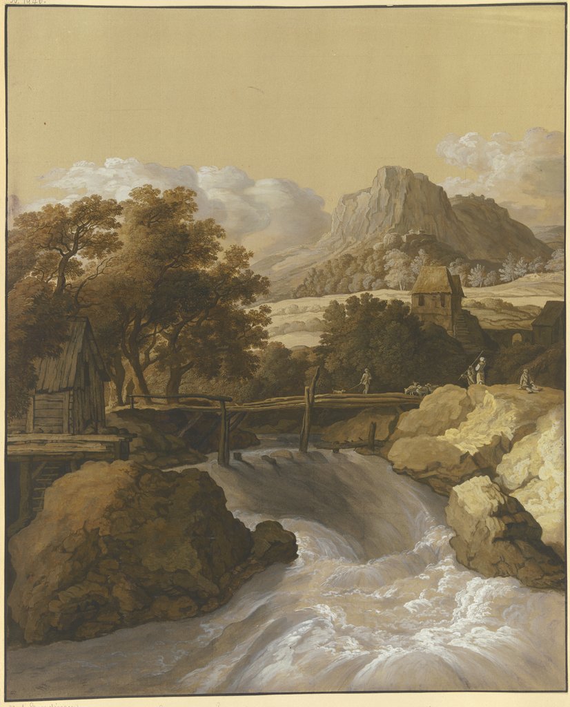 Ein reißender Bach mit einer Brücke und Blick in ein Tal, Maria Katharina Prestel, nach Allaert van Everdingen