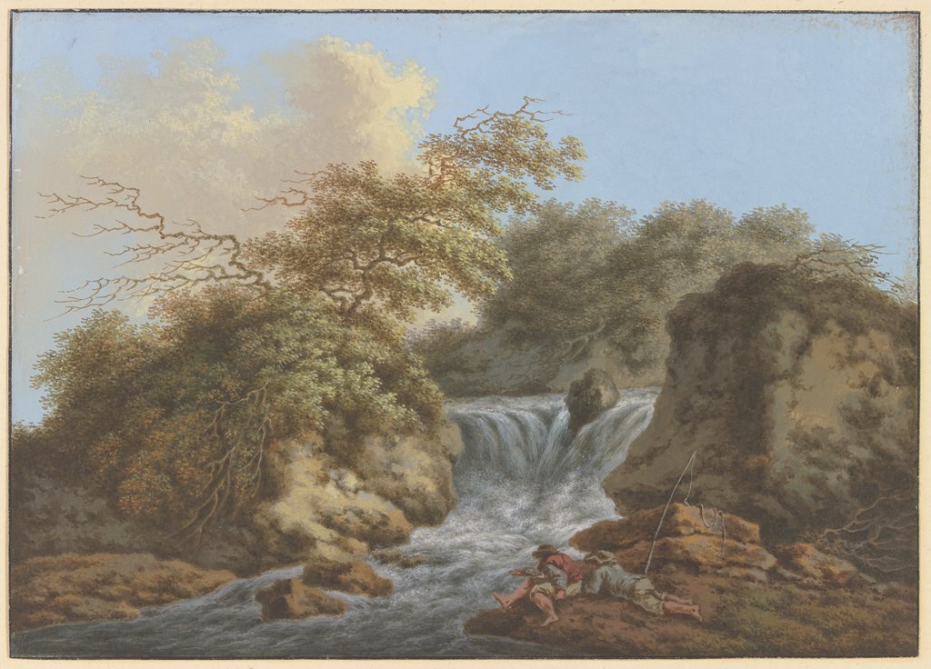 Wasserfall zwischen zwei Felsen, am Ufer rechts zwei Angler, Friedrich Rauscher
