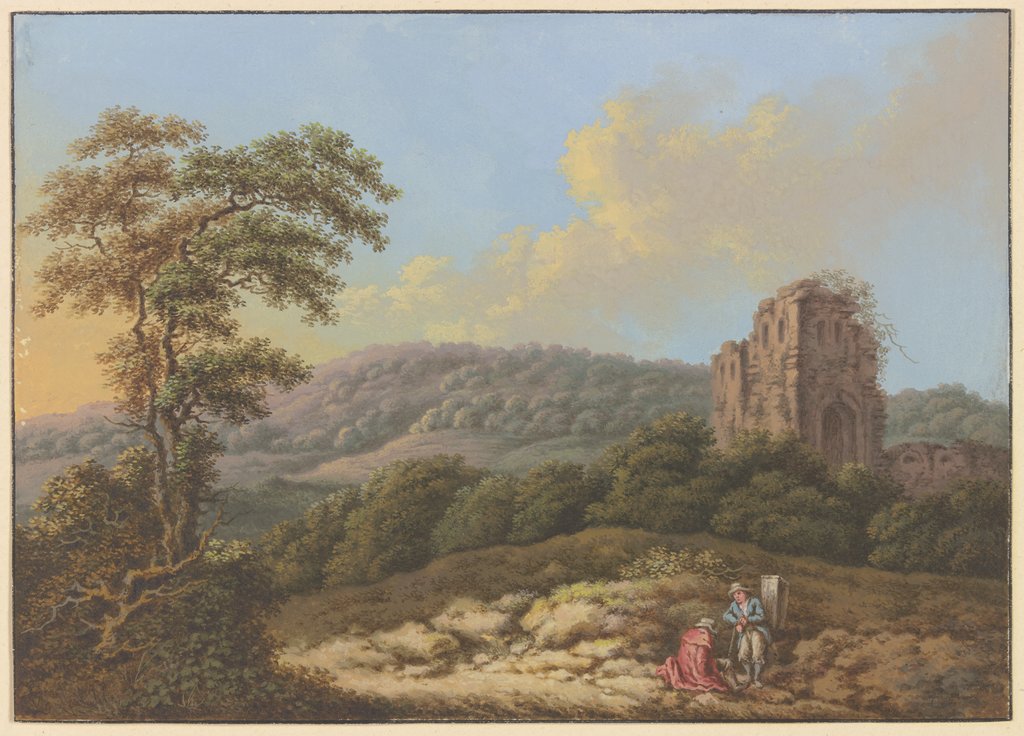 Landschaft mit einer Ruine, links ein hoher Baum, im Vordergrund zwei Wanderer, Friedrich Rauscher