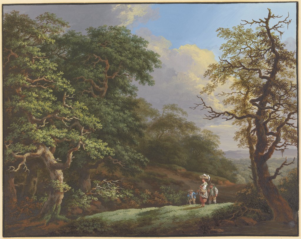 Eichenwald, im Vordergrund eine Frau mit einem Korb auf dem Kopf, begleitet von einem Mann und einem Knaben, Friedrich Rauscher