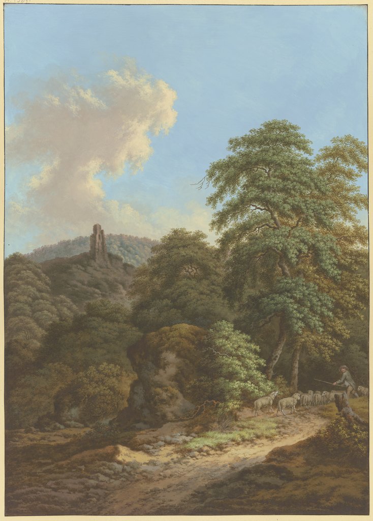 Blick auf eine Burgruine, im Vordergrund ein Schäfer mit Herde, Friedrich Rauscher